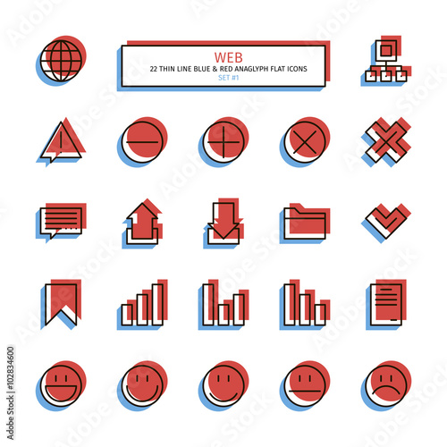 Thin line icon set. Anaglyph 3D red and blue style. Essential web interface icons. Vector.