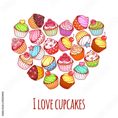 Banner with different cupcakes in a heart shape