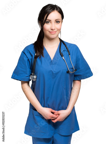 Smiling female doctor on white background