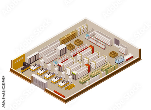 Vector isometric supermarket cutaway