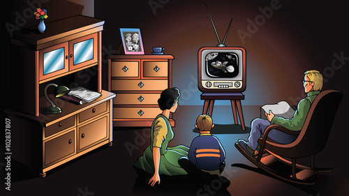 Family watching TV, decade of the 1970's, vector illustration