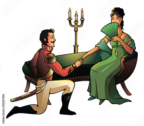 Brave soldier holding hand of a young mademoiselle, early XIX century, vector illustration