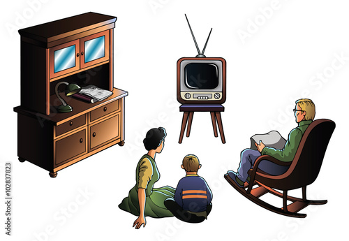 Family watching TV, decade of the 1970's, vector illustration