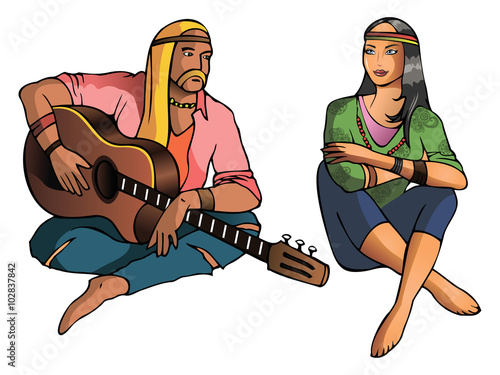 Man and girl, hippie, late 1960's, vector illustration