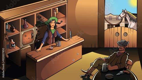Saloon in the wild west, girl bartender and relaxing cowboy, vector illustration