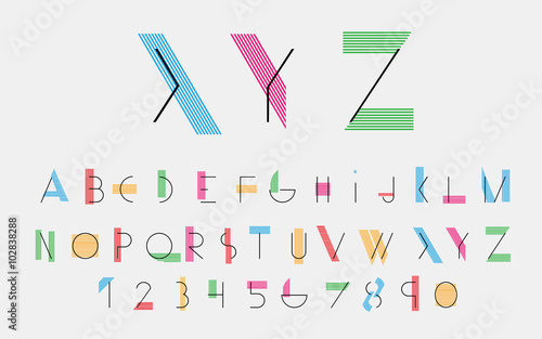 Black alphabetic fonts and numbers with color lines.