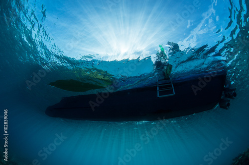 Dive Boat Floating in Caribbean Sea