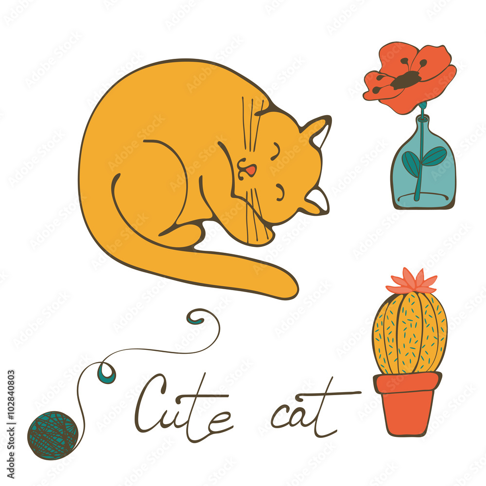 Illustration of a cat sleeping , flower in glass vase and cactus Illustration of a cat sleeping , flower in glass vase and cactus