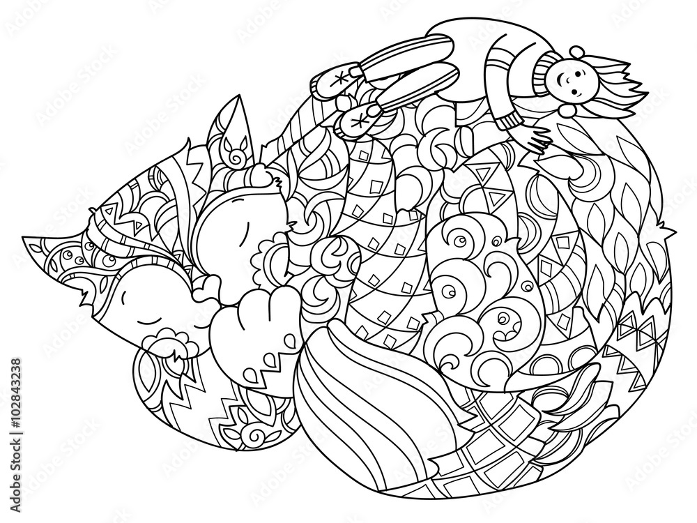 Hand drawn doodle outline cat sleeping with men decorated with ornaments.Vector zentangle illustration.Floral ornament.Sketch for tattoo or coloring pages.Boho style. Hand drawn doodle outline cat sleeping with men decorated with ornaments.Vector zentangle illustration.Floral ornament.Sketch for tattoo or coloring pages.Boho style.