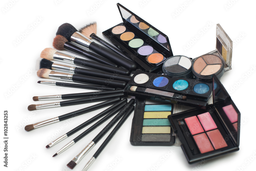cosmetics, makeup brushes, isolated background