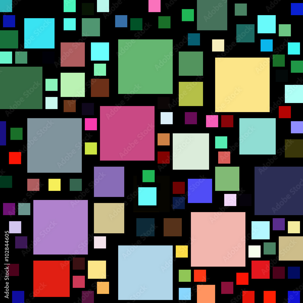 Lots of colorful square shapes on a black background. Lots of colorful square shapes on a black background.