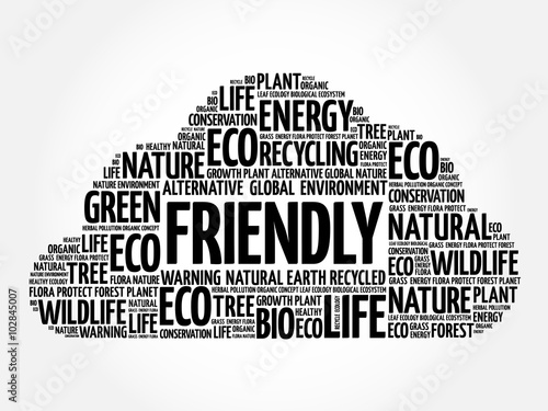 Friendly word cloud, conceptual green ecology background