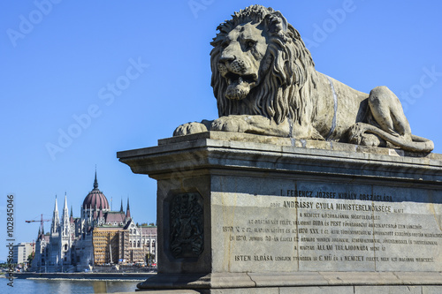 Tableau sur toile Lion on chain bridge and the parliament in Budapest, Hungary
