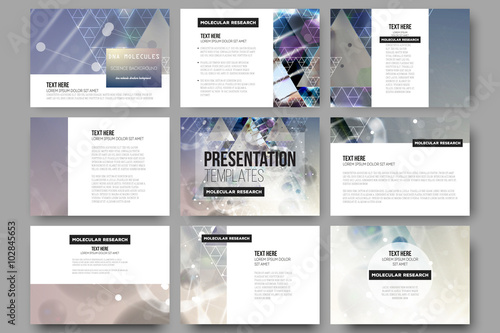 Set of 9 vector templates for presentation slides. DNA molecule structure on a blue background. 