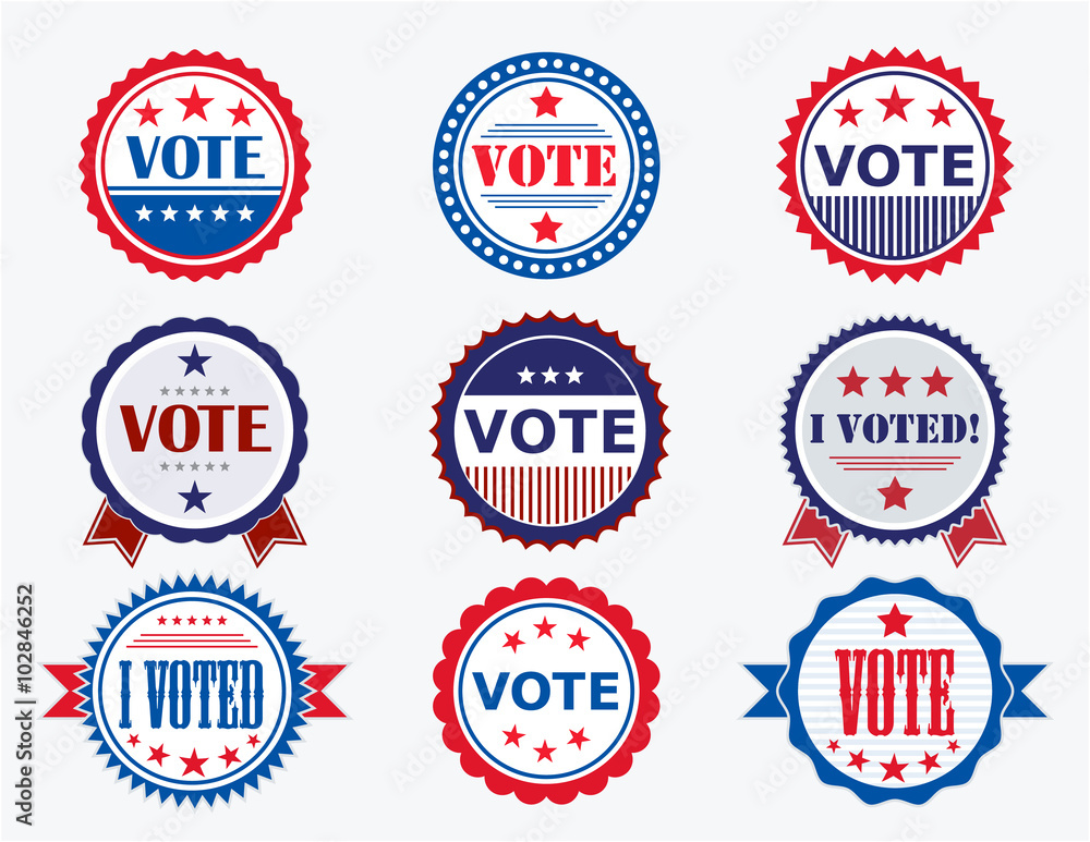 Election Voting Stickers and Badges in USA red, white and blue Election Voting Stickers and Badges in USA red, white and blue