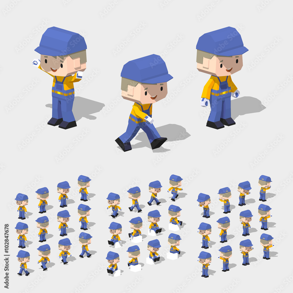 Low poly worker with blond hair, in the blue jumpsuit, yellow shirt and black shoes. 3D lowpoly isometric vector illustration. The set of objects isolated against the white background and shown from