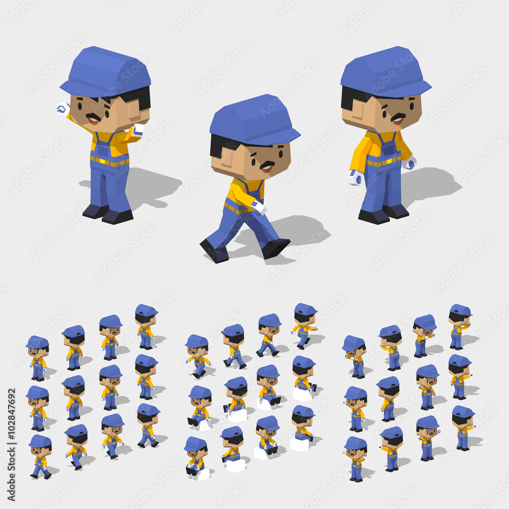 Low poly worker with dark hair, mustache, in the blue jumpsuit, yellow shirt and black shoes. 3D lowpoly isometric vector illustration. The set of objects isolated against the white background and