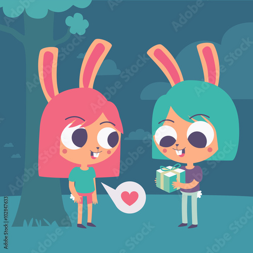 Cute Bunny Couple Trading a Present Under a Tree