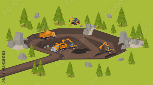 Quarry. Dig site. 3D lowpoly isometric vector concept illustration suitable for advertising and promotion