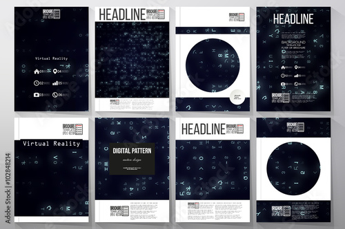 Set of business templates for brochure, flyer or booklet. Virtual reality, abstract technology background with blue symbols, vector illustration