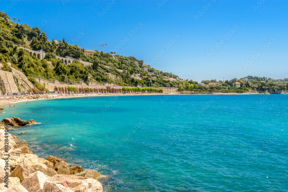 View of luxury resort Villefranche-sur-Mer and bay on French Riviera at Mediterranean Sea. Cote d'Azur. France. Villefranche-sur-Mer adjoins city of Nice to the east and 10 km south west of Monaco.
