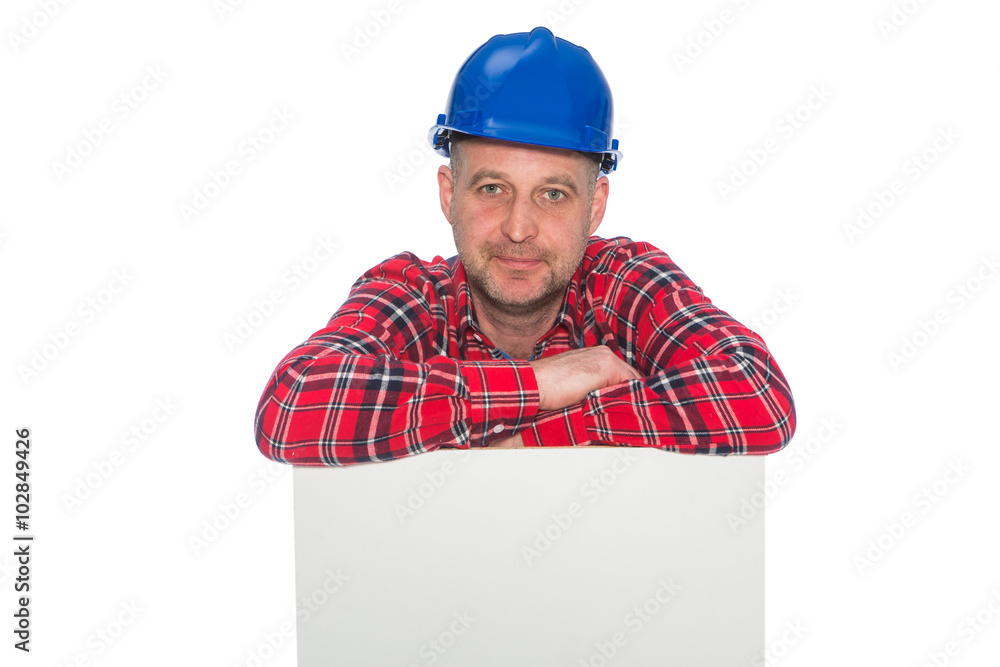construction worker with banner , plumber with information posters
construction worker with banner , plumber with information posters