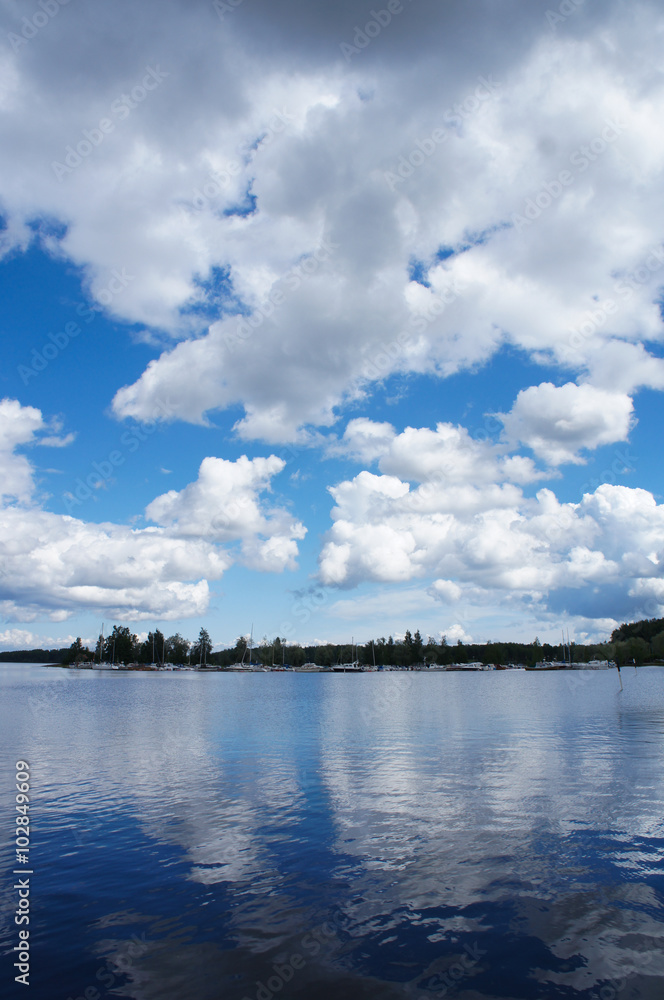 Finland lake with blue sky and clouds