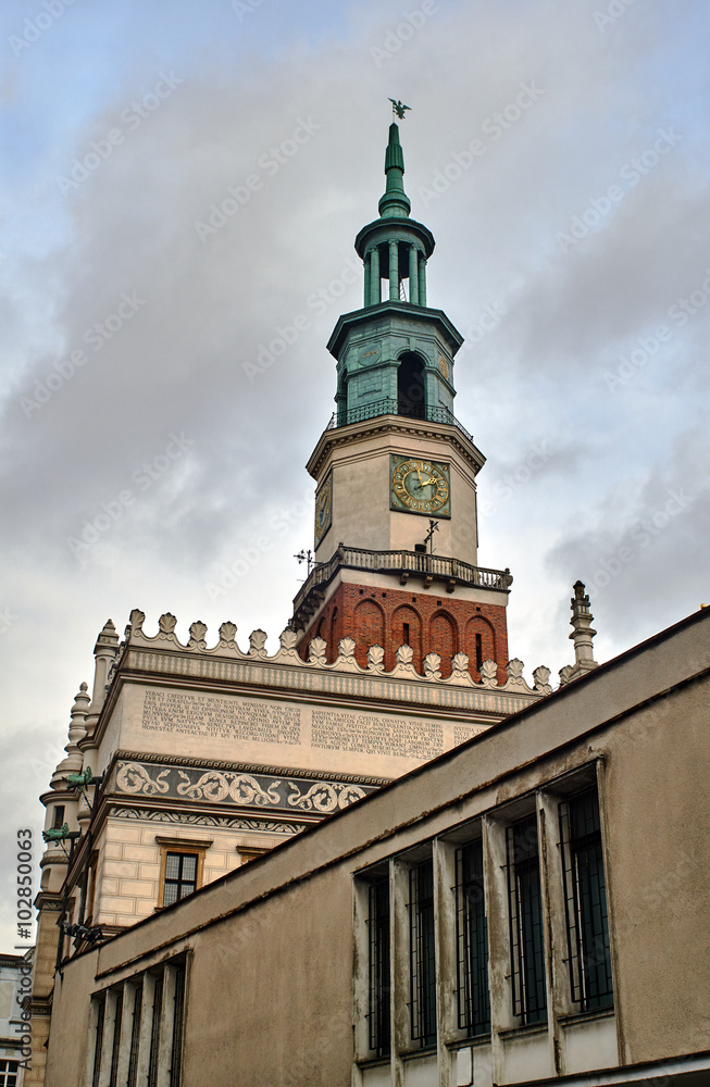 Fototapeta premium Renaissance town hall tower with clock in Poznan.