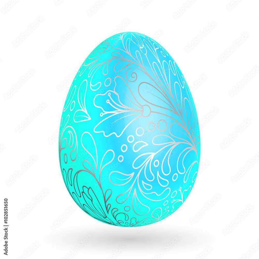Vector illustration of floral easter egg on white background. Silver floral pattern on blue egg. Vector illustration of floral easter egg on white background. Silver floral pattern on blue egg.