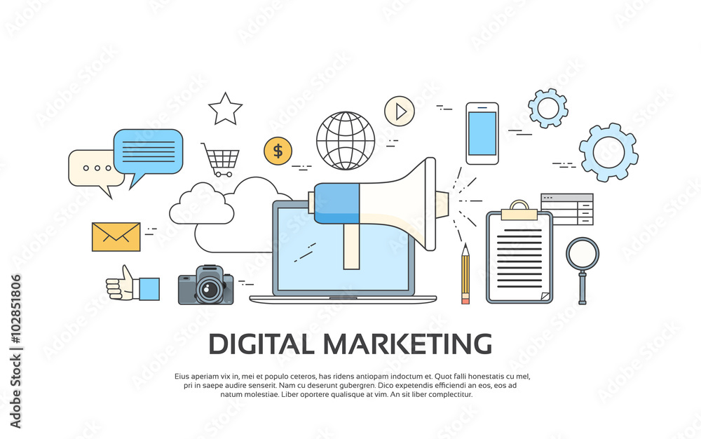 Digital Marketing Laptop Business Megaphone Device Loudspeaker Web Banner Set Digital Marketing Laptop Business Megaphone Device Loudspeaker Web Banner Set