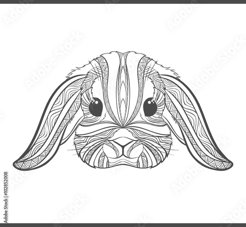 Rabbit coloring outlines in boho style. Ethnic hare. Tagged with cute bunny print on T-shirts, covers, postcards. Easter stylish, elegant rabbit. Tattoo design. Textile, fabric design. Adult coloring