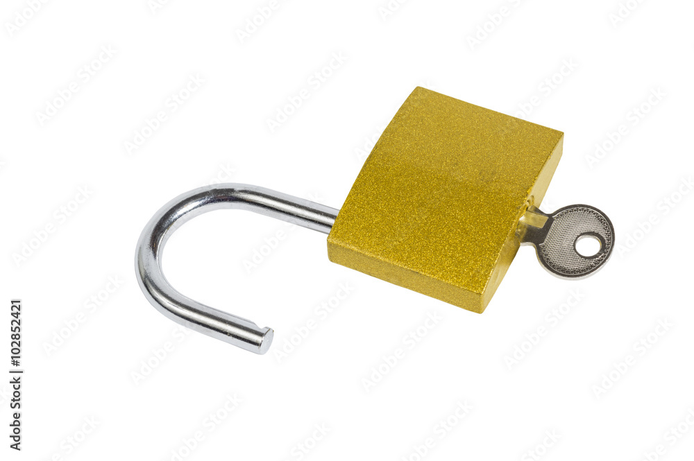 Padlock Opened With Key Isolated On White Padlock Opened With Key Isolated On White