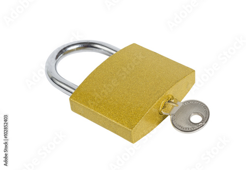 Locked Golden Padlock With Key Isolated On White