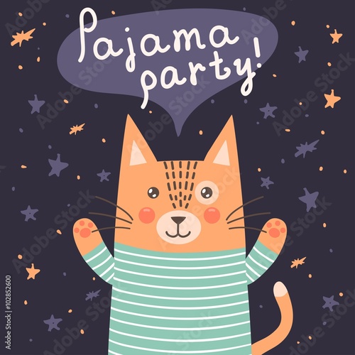 Pajama party card with a cute cat