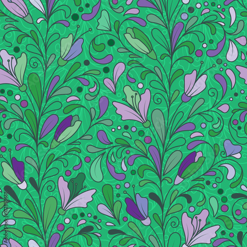Fantasy flowers seamless pattern. Floral ornament on dark background for fabric, textile, cards, wrapping paper, wallpaper template. Ornamental bright motif