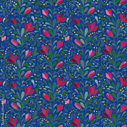 Colorful hand drawn vector seamless floral pattern with flowers and leaves. Doodle.