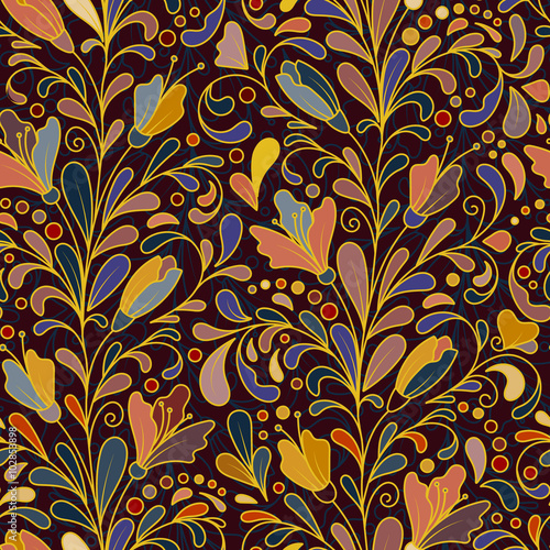 Fantasy flowers seamless pattern. Floral ornament on dark background for fabric, textile, cards, wrapping paper, wallpaper template. Ornamental bright motif