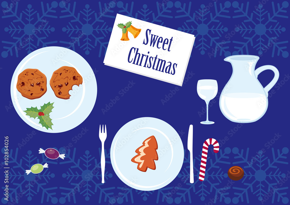 Christmas table full of sweets. Christmas vector background. Christmas vector illustration. Happy and sweet Christmas