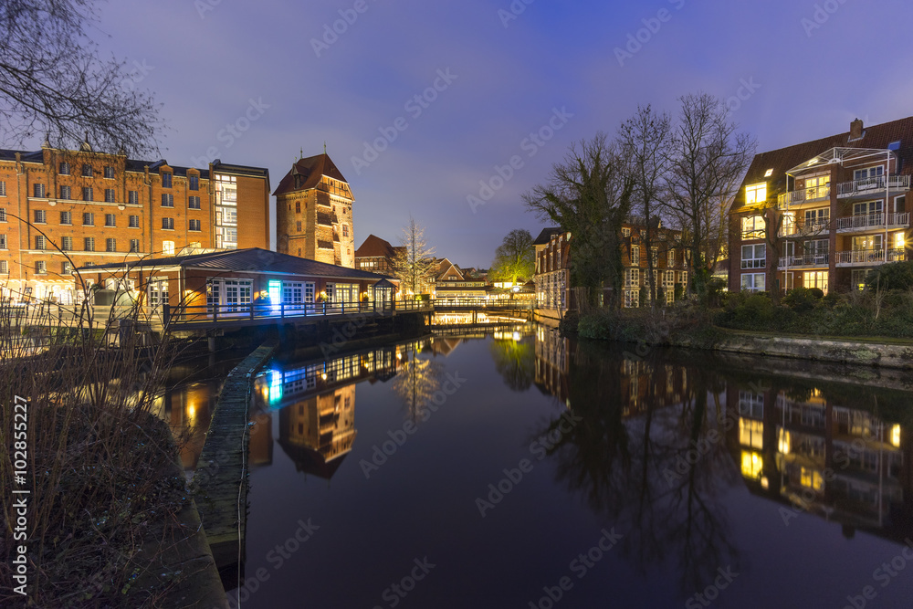 Historic old hanseatic city of Luneburg at winter evening