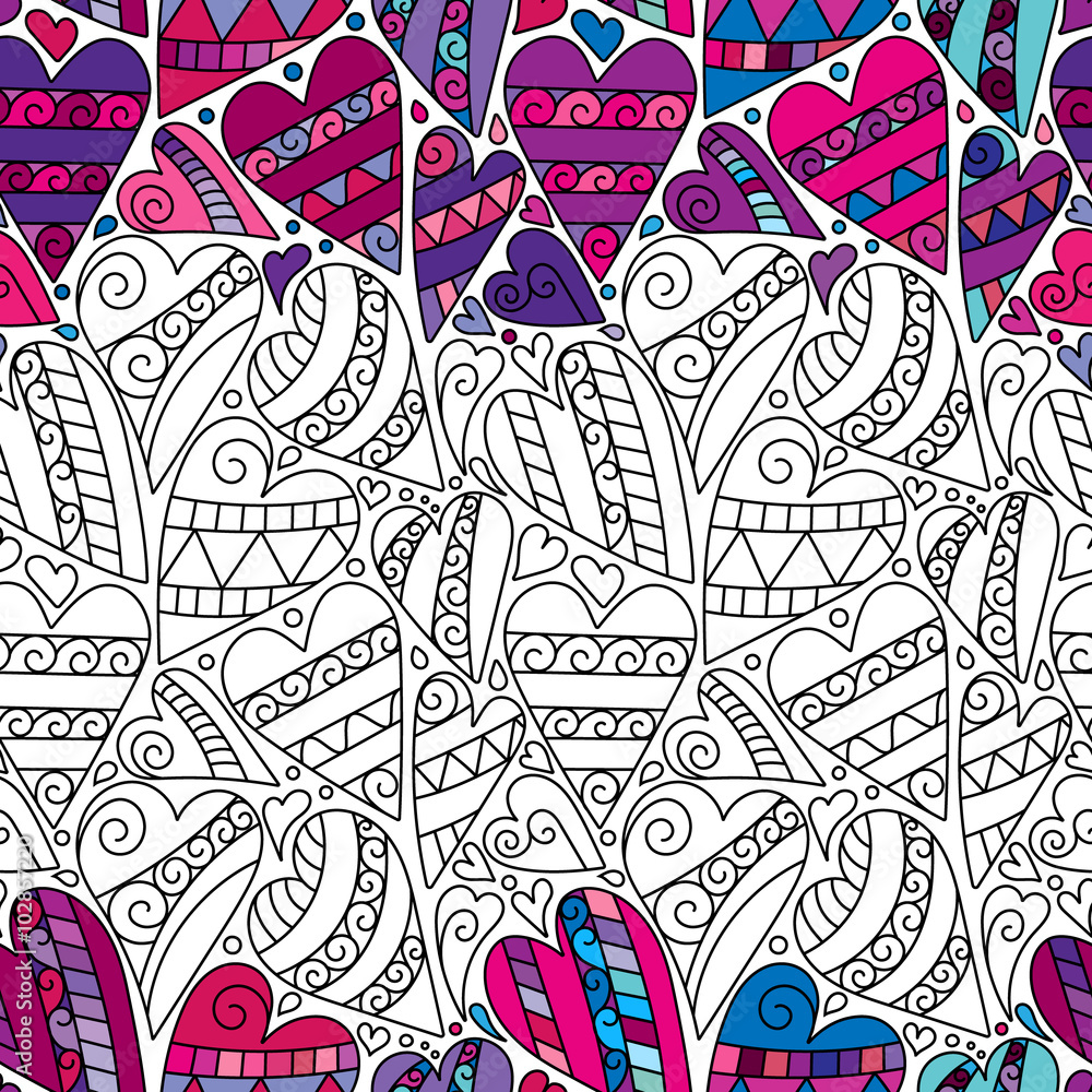 Naklejka premium Hand drawn artistically ethnic ornamental seamless pattern with heart and romantic doodle elements of St. Valentine's day, zentangle vector illustration for coloring book, pages, t-shirt or prints.