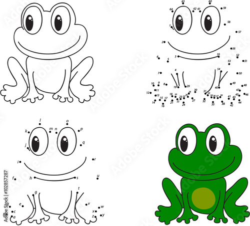 Cartoon frog. Coloring book and dot to dot game for kids