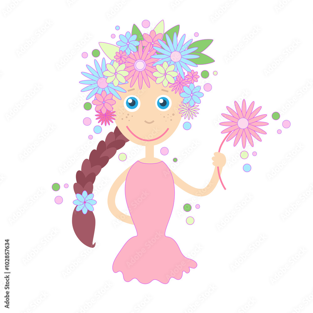 Cartoon Girl Flowers Hair Spring Summer Concept Cartoon Girl Flowers Hair Spring Summer Concept