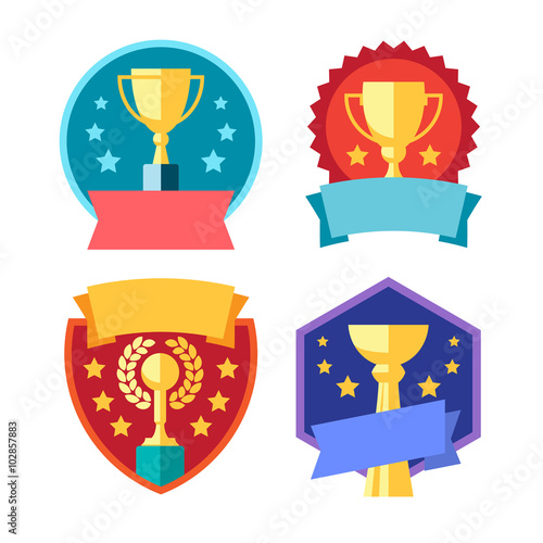 Cup winner logo. Emblems set. The idea of achieving victory. Logo competition. Trophy in flat style. Vector sign template. 