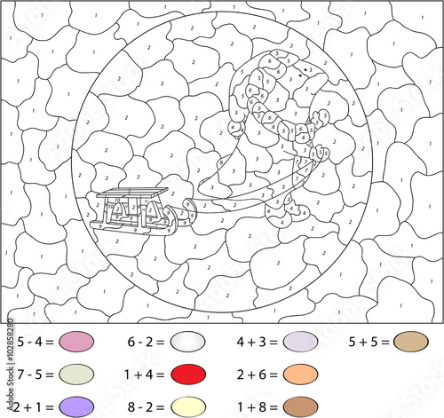 Funny cartoon dragon with sledge. Color by number educational ga