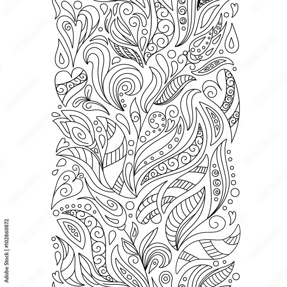 Seamless borders vector set in doodle style. Floral, ornate, decorative, tribal, Christmas design elements. Black and white background. Christmas tree, gift box, balls. Zentangle coloring book page