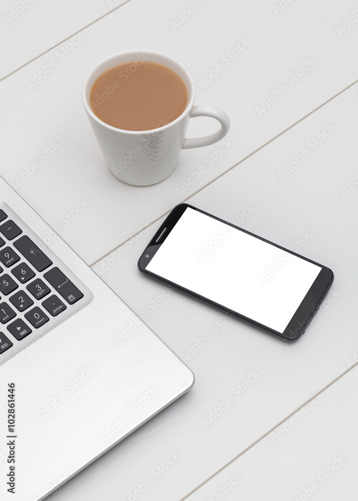 smartphone mockup, laptop and coffee on office table smartphone mockup, laptop and coffee on office table