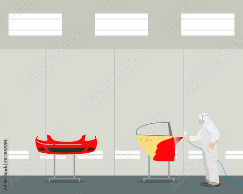 Inside of the operating room for interior painting of cars and parts. Diagnosis and repair of the vehicle. Vector illustration
