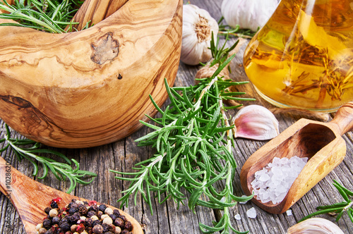 Spices on a rustic wooden table