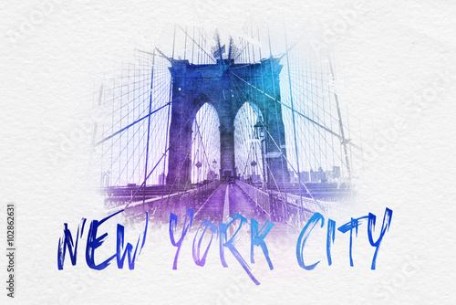 Photography Front view of Brooklyn Bridge with NYC text