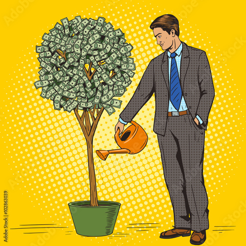 Businessman water money tree pop art style vector